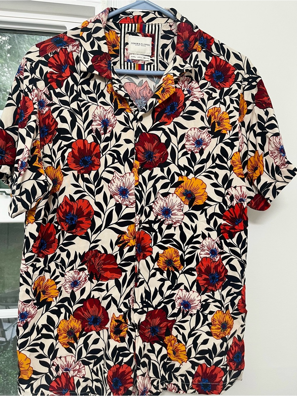 Denim & Flower Short-Sleeve Button-Down Shirt - Red, Yellow, Black, Cream